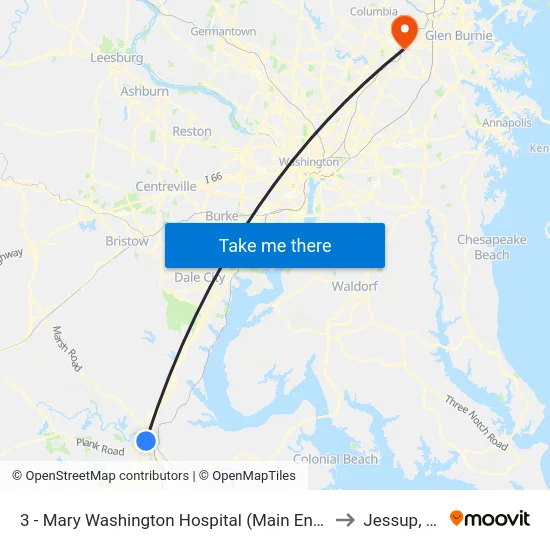 3 - Mary Washington Hospital (Main Entrance) to Jessup, MD map