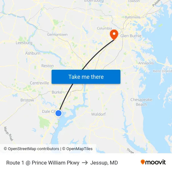 Route 1 @ Prince William Pkwy to Jessup, MD map