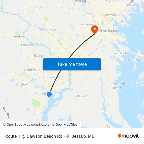 Route 1 @ Dawson Beach Rd to Jessup, MD map