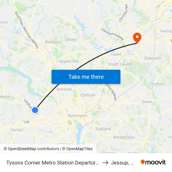 Tysons Corner Metro Station Departures to Jessup, MD map