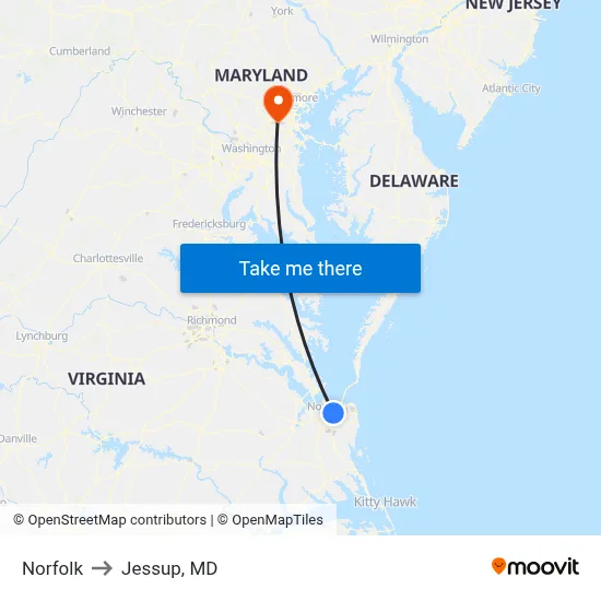 Norfolk to Jessup, MD map