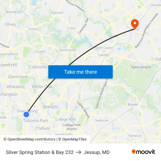 Silver Spring Station & Bay 232 to Jessup, MD map