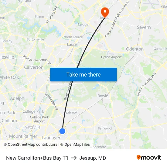 New Carrollton+Bus Bay T1 to Jessup, MD map