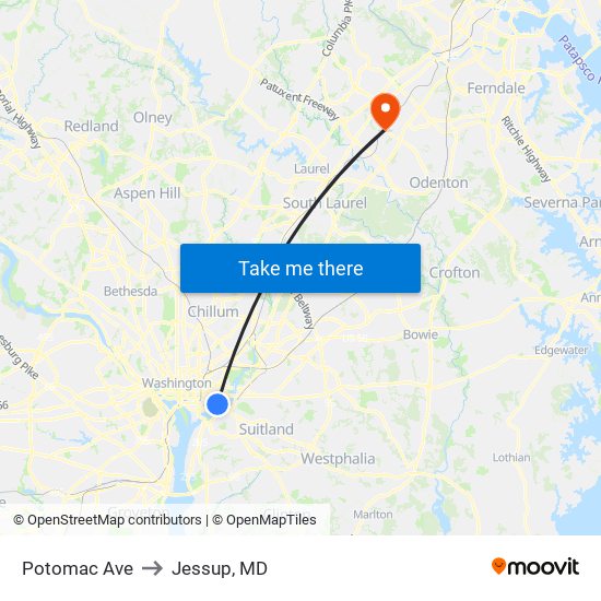 Potomac Ave to Jessup, MD map