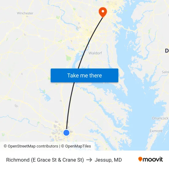 Richmond (E Grace St & Crane St) to Jessup, MD map