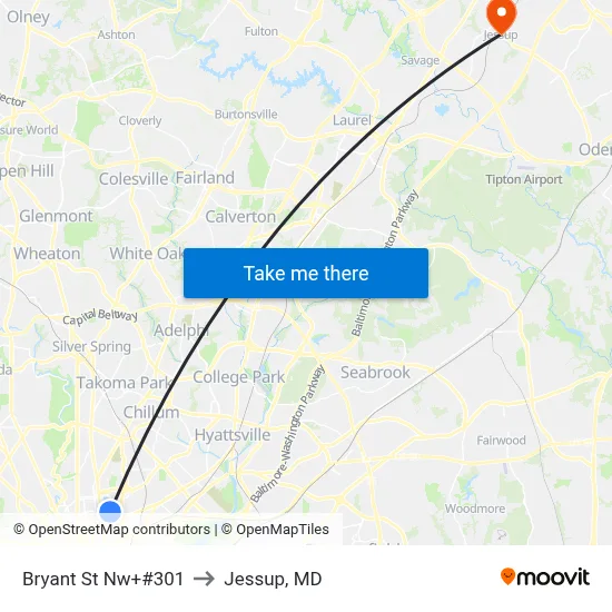 Bryant St Nw+#301 to Jessup, MD map