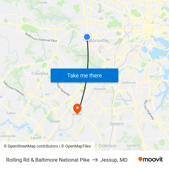 Rolling Rd & Baltimore National Pike to Jessup, MD map