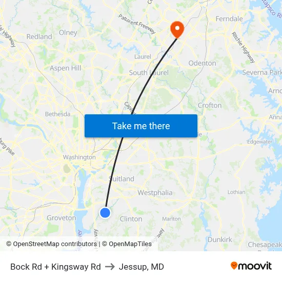 Bock Rd + Kingsway Rd to Jessup, MD map