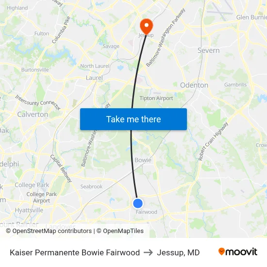 Kaiser Permanente Bowie Fairwood to Jessup, MD map