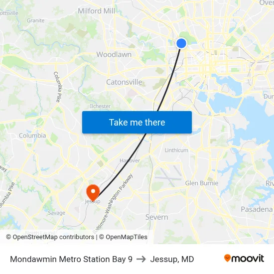 Mondawmin Metro Station Bay 9 to Jessup, MD map