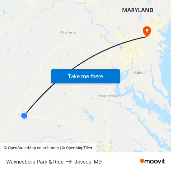Waynesboro Park & Ride to Jessup, MD map