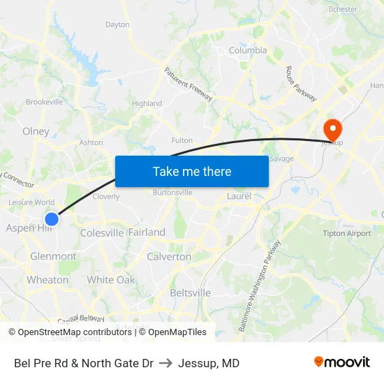 Bel Pre Rd & North Gate Dr to Jessup, MD map