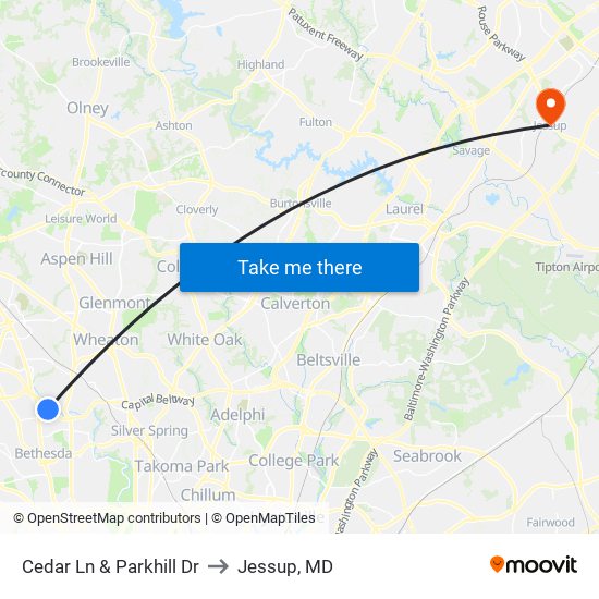 Cedar Ln & Parkhill Dr to Jessup, MD map