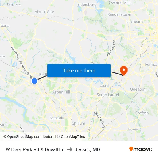 W Deer Park Rd & Duvall Ln to Jessup, MD map