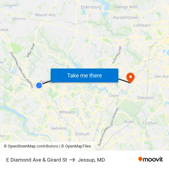 E Diamond Ave & Girard St to Jessup, MD map