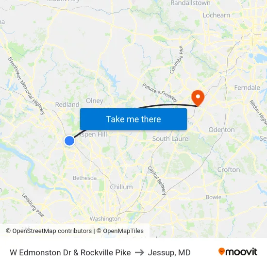 W Edmonston Dr & Rockville Pike to Jessup, MD map