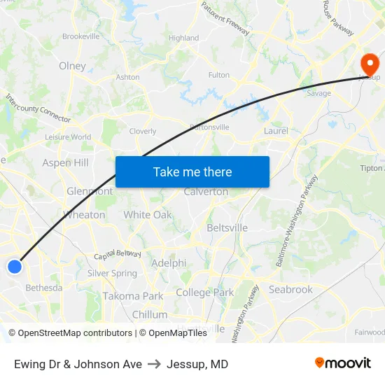 Ewing Dr & Johnson Ave to Jessup, MD map