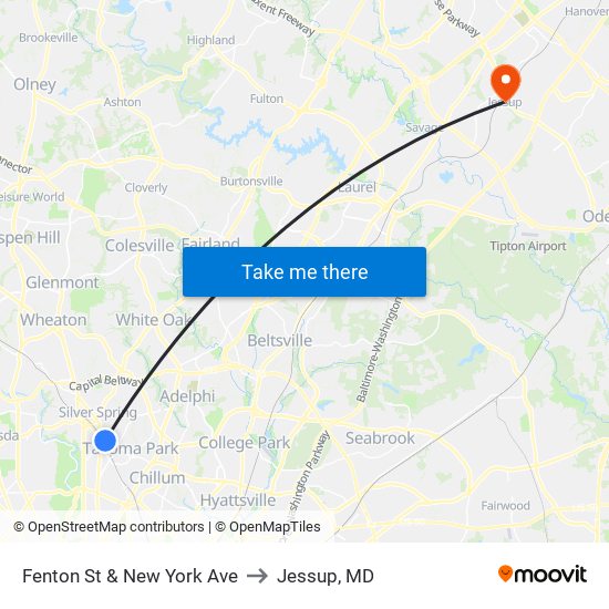 Fenton St & New York Ave to Jessup, MD map