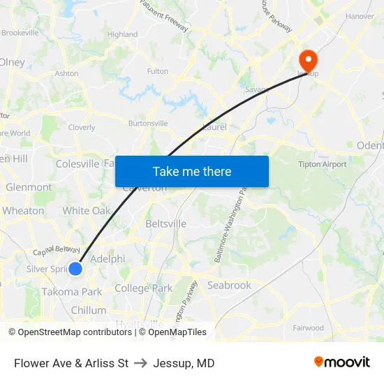 Flower Ave & Arliss St to Jessup, MD map