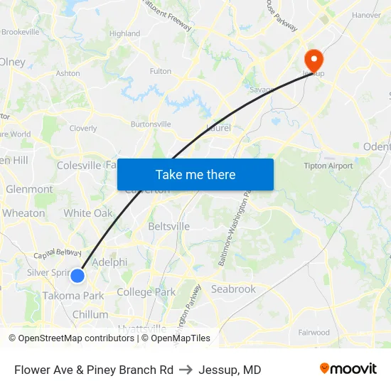 Flower Ave & Piney Branch Rd to Jessup, MD map