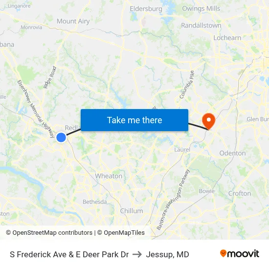 S Frederick Ave & E Deer Park Dr to Jessup, MD map