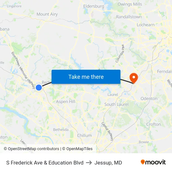 S Frederick Ave & Education Blvd to Jessup, MD map