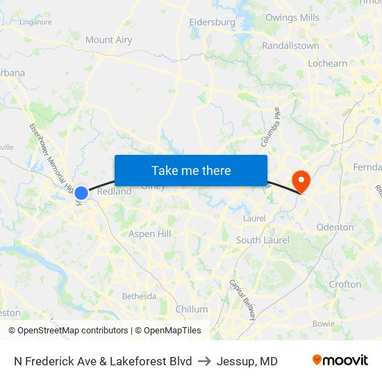 N Frederick Ave & Lakeforest Blvd to Jessup, MD map