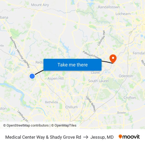 Medical Center Way & Shady Grove Rd to Jessup, MD map