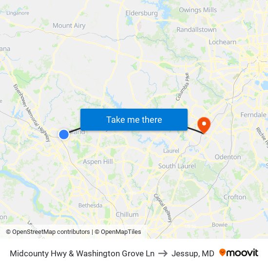 Midcounty Hwy & Washington Grove Ln to Jessup, MD map