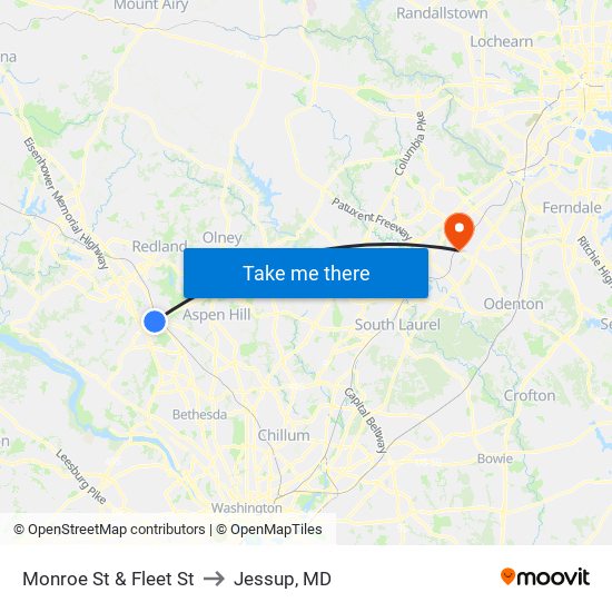 Monroe St & Fleet St to Jessup, MD map