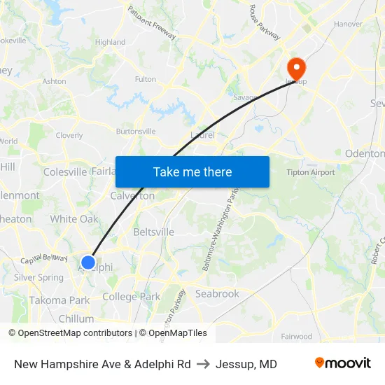 New Hampshire Ave & Adelphi Rd to Jessup, MD map