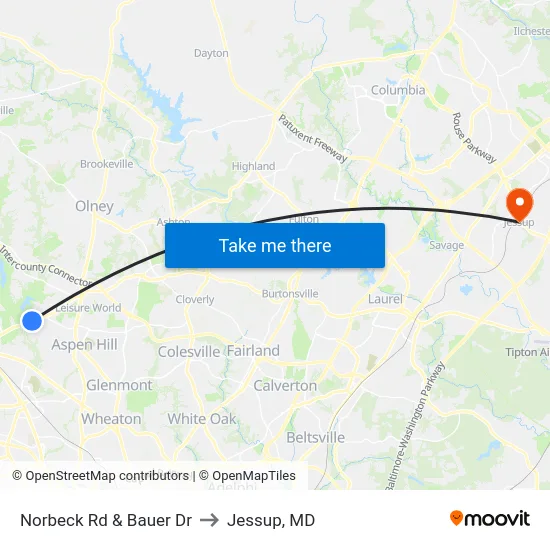 Norbeck Rd & Bauer Dr to Jessup, MD map