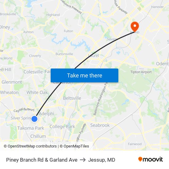 Piney Branch Rd & Garland Ave to Jessup, MD map