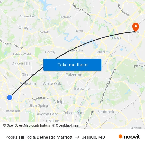 Pooks Hill Rd & Bethesda Marriott to Jessup, MD map
