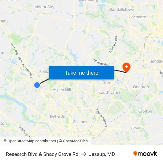 Research Blvd & Shady Grove Rd to Jessup, MD map