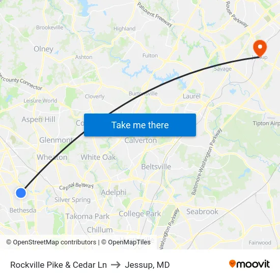 Rockville Pike & Cedar Ln to Jessup, MD map