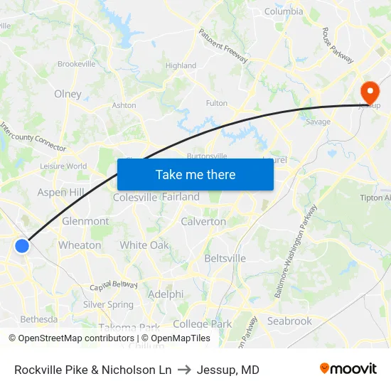 Rockville Pike & Nicholson Ln to Jessup, MD map