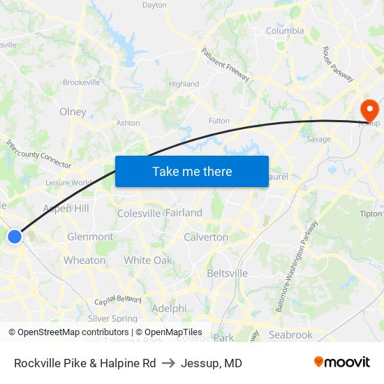 Rockville Pike & Halpine Rd to Jessup, MD map