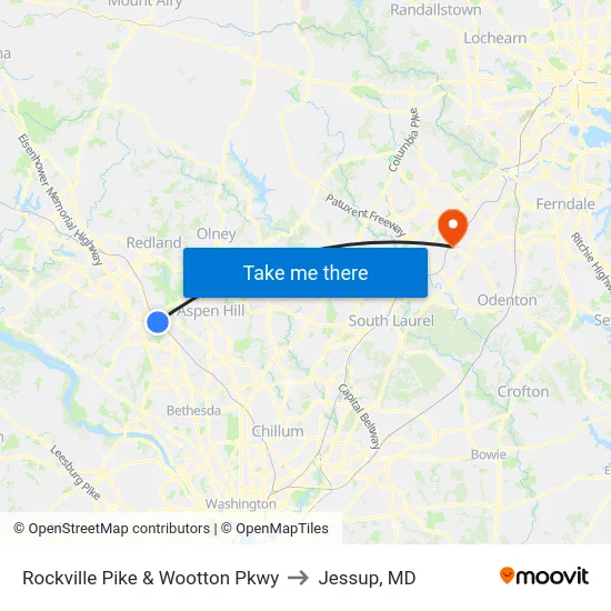 Rockville Pike & Wootton Pkwy to Jessup, MD map