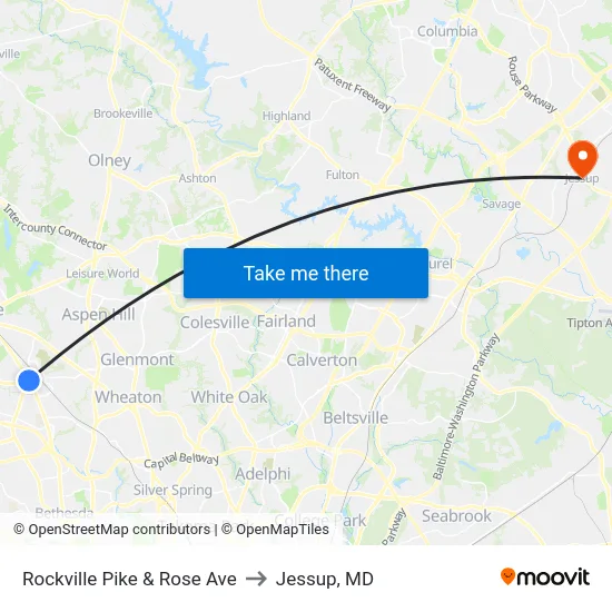 Rockville Pike & Rose Ave to Jessup, MD map