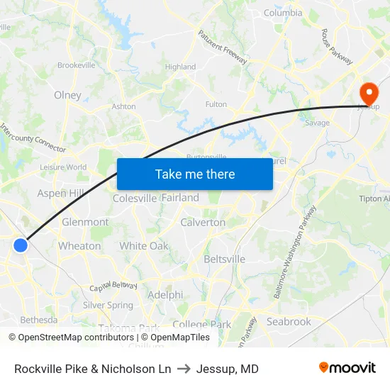 Rockville Pike & Nicholson Ln to Jessup, MD map