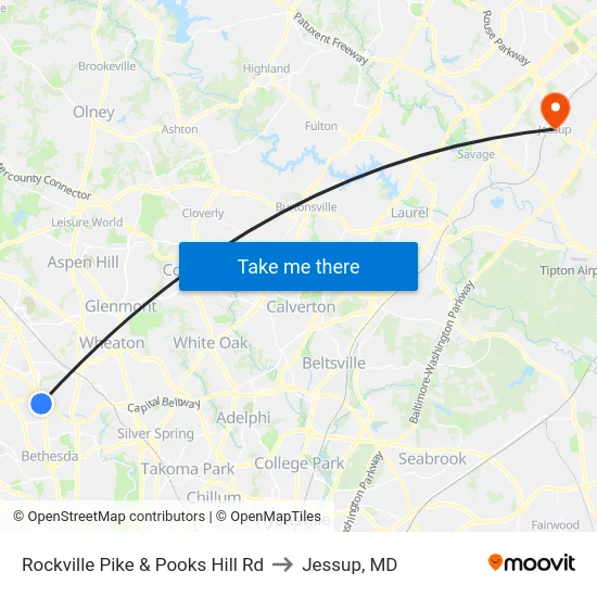Rockville Pike & Pooks Hill Rd to Jessup, MD map