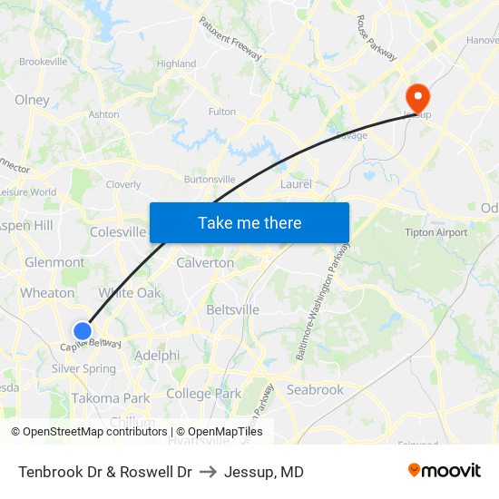 Tenbrook Dr & Roswell Dr to Jessup, MD map