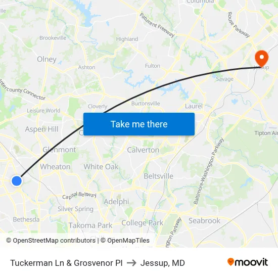 Tuckerman Ln & Grosvenor Pl to Jessup, MD map