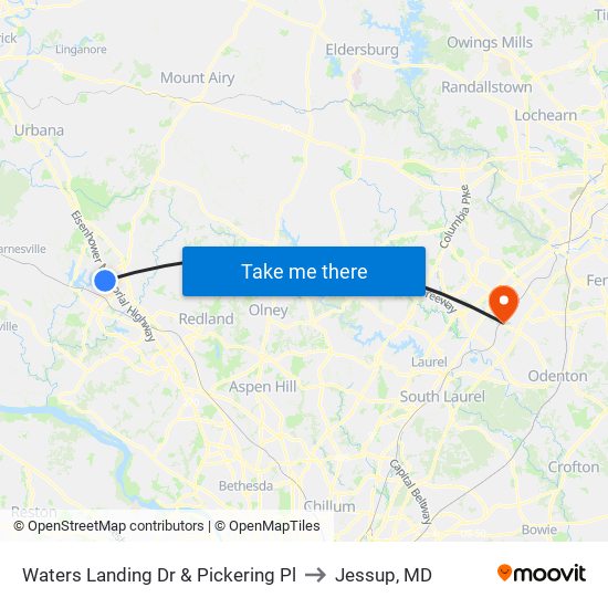 Waters Landing Dr & Pickering Pl to Jessup, MD map