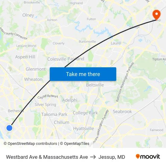 Westbard Ave & Massachusetts Ave to Jessup, MD map