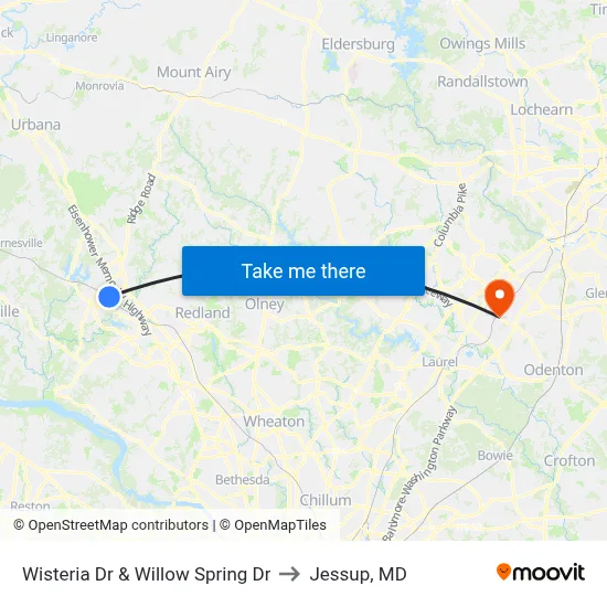 Wisteria Dr & Willow Spring Dr to Jessup, MD map