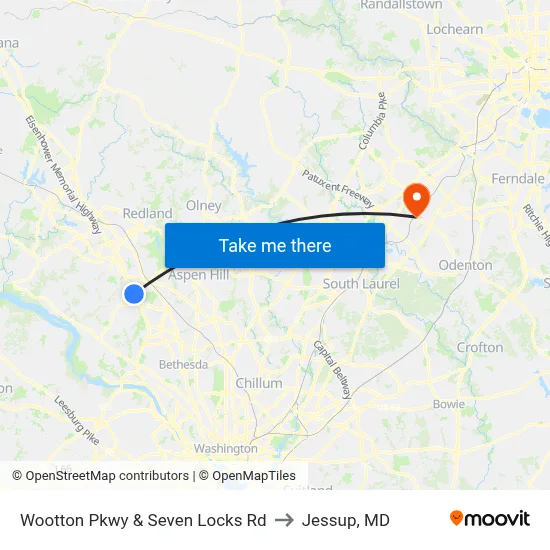 Wootton Pkwy & Seven Locks Rd to Jessup, MD map
