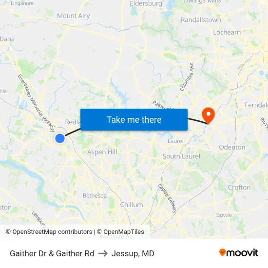 Gaither Dr & Gaither Rd to Jessup, MD map