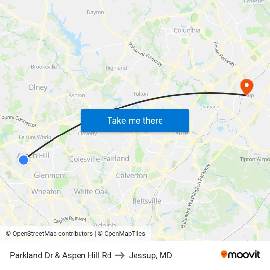 Parkland Dr & Aspen Hill Rd to Jessup, MD map